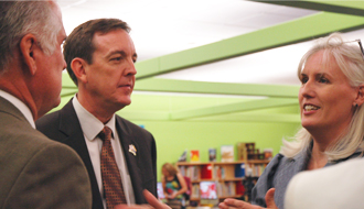 Arizona’s Superintendent of Public Instruction John Huppenthal and Secretary of State Ken Bennett talk with Terri Clark about early childhood literacy at Peralta Elementary School.